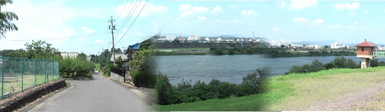 「大井戸の渡し場跡」から対岸の太田宿を撮る（右２枚）。左は八幡神社東の細い道。 木曾川堤防に突き当たります。