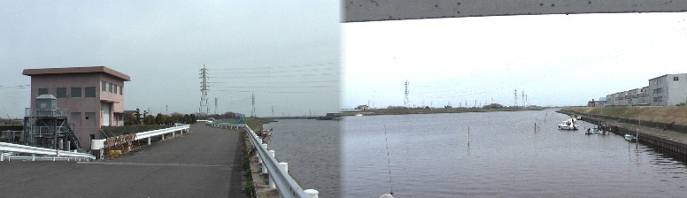 六箇排水機場と日光川、善太川、宝川が合流する付近の風景。広大な水郷地帯で排水機場が 多く見られます。