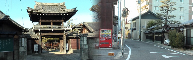 旧東海道・本町筋（写真右）を西へ行くと突き当たり、右折し左に 知立古城跡を見て了運寺（写真左）の前で桝形道路になり、北へ下 り坂となり知立神社に着きます。