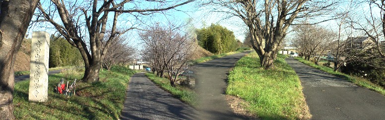 境川左岸堤防道路は中世の鎌倉街道で、美濃路と共有となっている部分がある(左鎌倉街道。 右下り坂は美濃路)。西方寺まで「従是東五丁」と刻まれた坂井の道標と2体の小さな地蔵尊が見える(左写真)。