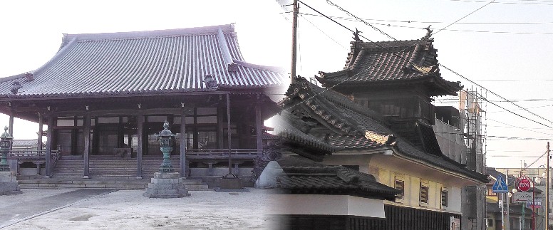 西方寺本堂と太鼓堂。太鼓堂は新民序の校舎で、碧南の学校教育の 発祥の地でもあります。