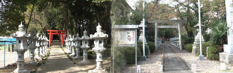 坂下神社。境内の稲荷神社（左）。坂下神社由緒略記拡大 坂下神社