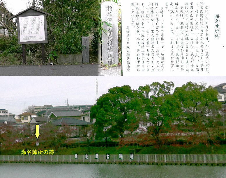 瀬名陣所跡（黄色の矢印）。
