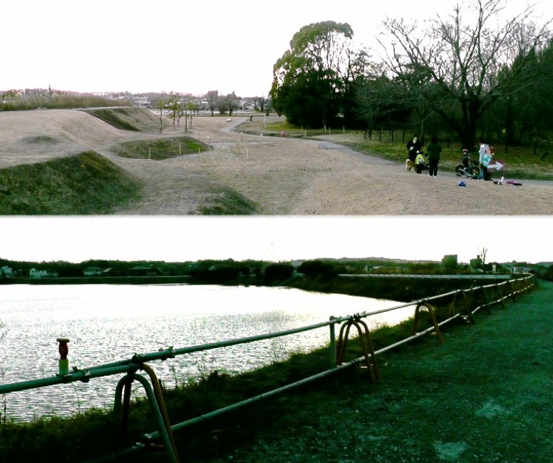 広大な面積の志段味古墳群（上）。下は隣の大久手池。
