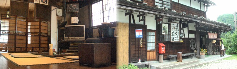 県道７号線が旧道と接する場所にあるそば茶店(金剛屋さん)。いろりのある内部の佇まいです（左）。