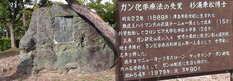 天王川公園内に建つ杉浦博士の顕彰碑。