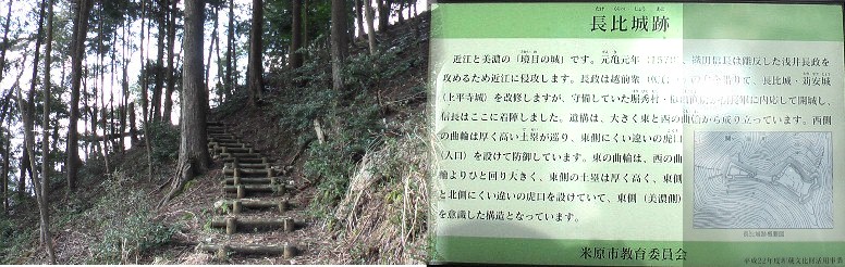 長比城（たけくらべ）跡と説明版。街道から北へ約６００メートル入る。 説明文拡大。 長比城（たけくらべ）跡 小谷城跡 国友鉄砲の里資料館