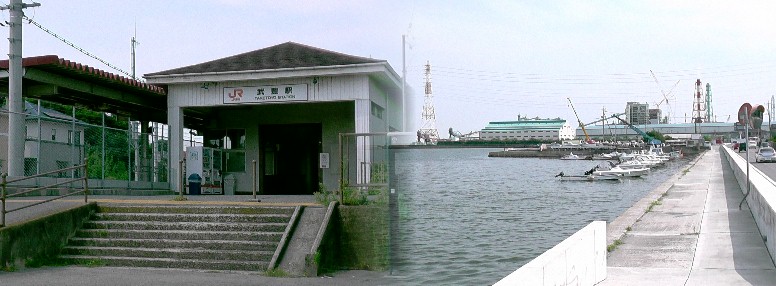 jr武豊駅（左）。右は武豊港付近風景。