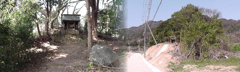 田ノ神古墳（右）及び田ノ神神社（左、鳥居奥）。道路工事中で案内板など無く、地元の人に確認しました。 2015.3.14撮影。 田ノ神古墳