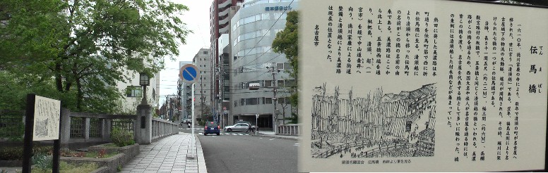 伝馬橋西。この案内板で美濃路、柳街道(佐屋街道への近道)のルートがここを経由していたようです。 伝馬橋西詰め 桜通線国際センター駅と重複掲載