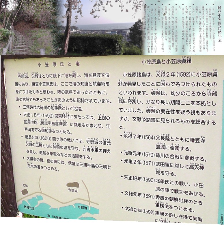 寺部城に寄寓した小笠原貞頼氏が小笠原諸島を発見し名付けられたと記されています。 写真上左から寺部城址登り口。城址から三河湾を望む（中）。