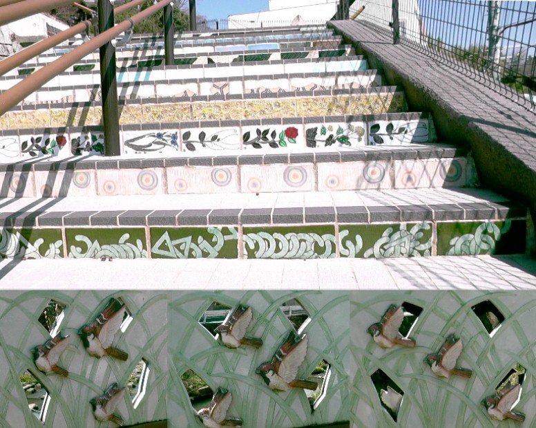 公園入り口の門柱、階段の各段壁面がすべて陶器製でさすが陶都瀬戸の面目躍如です。下は公園前の瀬戸川に 架かる橋の欄干に嵌め込まれた鳥を描いた陶板（3柄）。