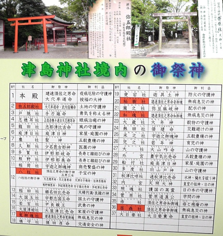 「津島神社境内の御祭神」案内。