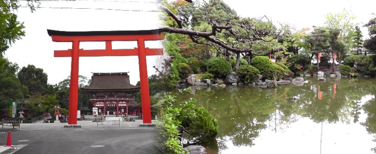 津島神社東正面（左）。東楼門横の庭園（右）