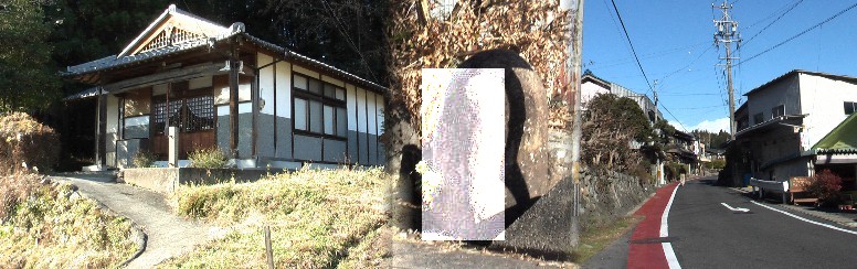 長福寺（左）と向かい側にあるはずの道標（右 なごや 左 ふじ）が見当たりません。 何か文字が刻まれているようなので勝手に掲載しました（中）。右は付近の街道。