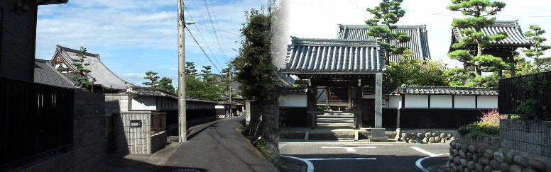 長善寺と寺前の街並み。比良出身の佐々成政の菩提寺で元は比良にあったが洪水で移転したという。 また美濃国９条城主織田信盛の菩提寺でもあります。この寺の先代住職G君も同級で工事中の堀池で ３～４人ボート遊びをしていてｓ君が竿にこだわりすぎて池に