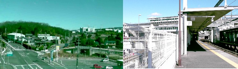 リニモ八草駅から見る瀬戸市「あいち海上の森センター」方面（左）。右は愛環鉄道・八草駅ホームから リニモ八草駅を撮る。