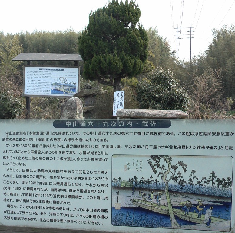 中仙道は日野川(旧横関川)に突き当たりここから渡し舟で対岸の西横関の部落へ入り 鏡宿(間の宿)へと向かう。現在は上流500メートル堤防を歩いて8号線横関橋を渡ります。 浄泉寺、若宮神社を左右に見て西横関交差点で本日の武佐宿の旅は終わります。